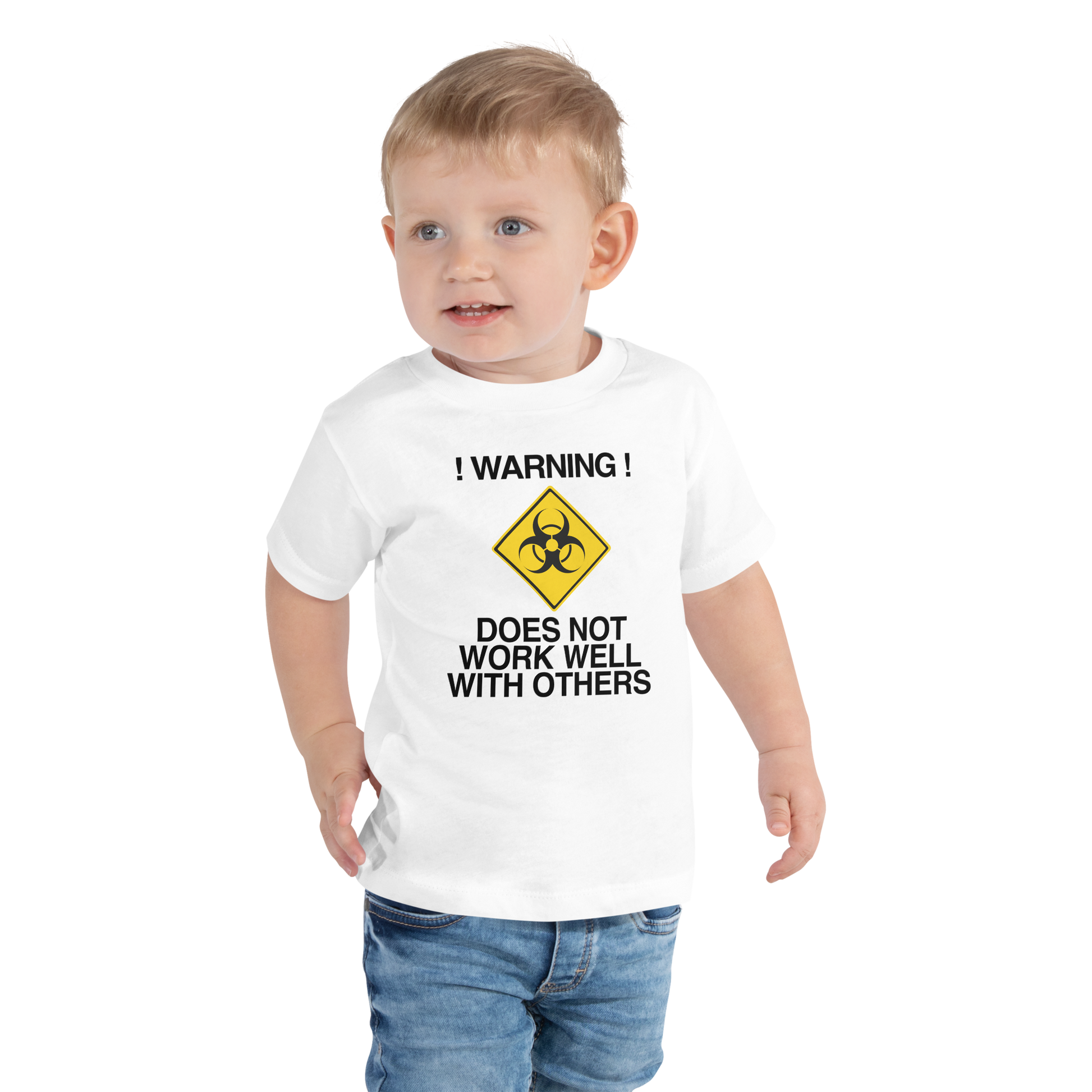 "!Warning! Does Not Work Well With Others" printed on a white toddler short sleeve tee worn by a male