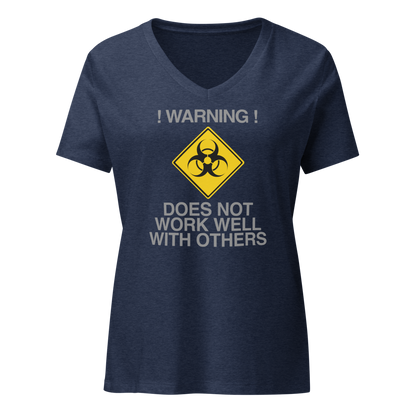"!Warning! Does Not Work Well With Others" printed on a heather navy on an invisible / simulated body
