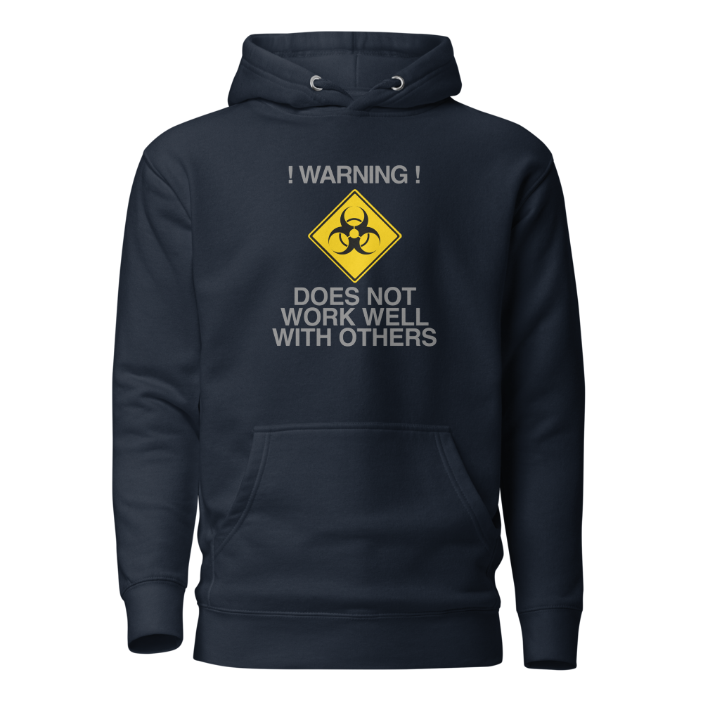 "!Warning! Does Not Work Well With Others" printed on a navy blazer on an invisible / simulated body