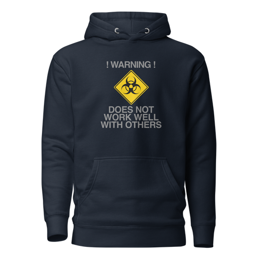 "!Warning! Does Not Work Well With Others" printed on a navy blazer on an invisible / simulated body