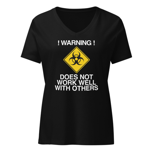 "!Warning! Does Not Work Well With Others" printed on a solid black blend on an invisible / simulated body