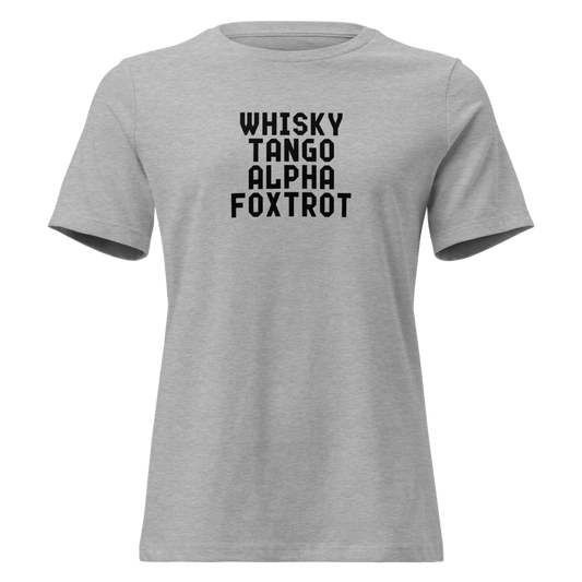 "Whisky Tango Alpha Foxtrot" printed on a athletic heather on an invisible / simulated body