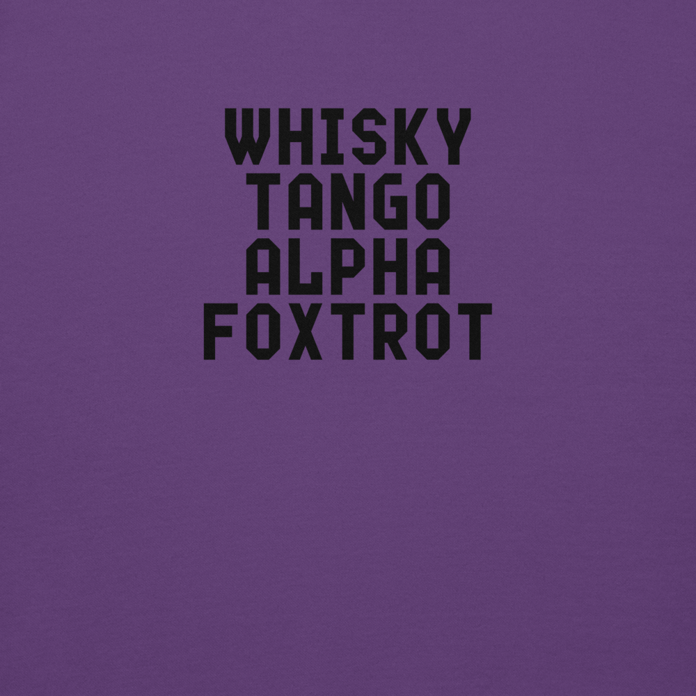 "Whisky Tango Alpha Foxtrot" printed on a purple background