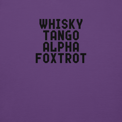 "Whisky Tango Alpha Foxtrot" printed on a purple background