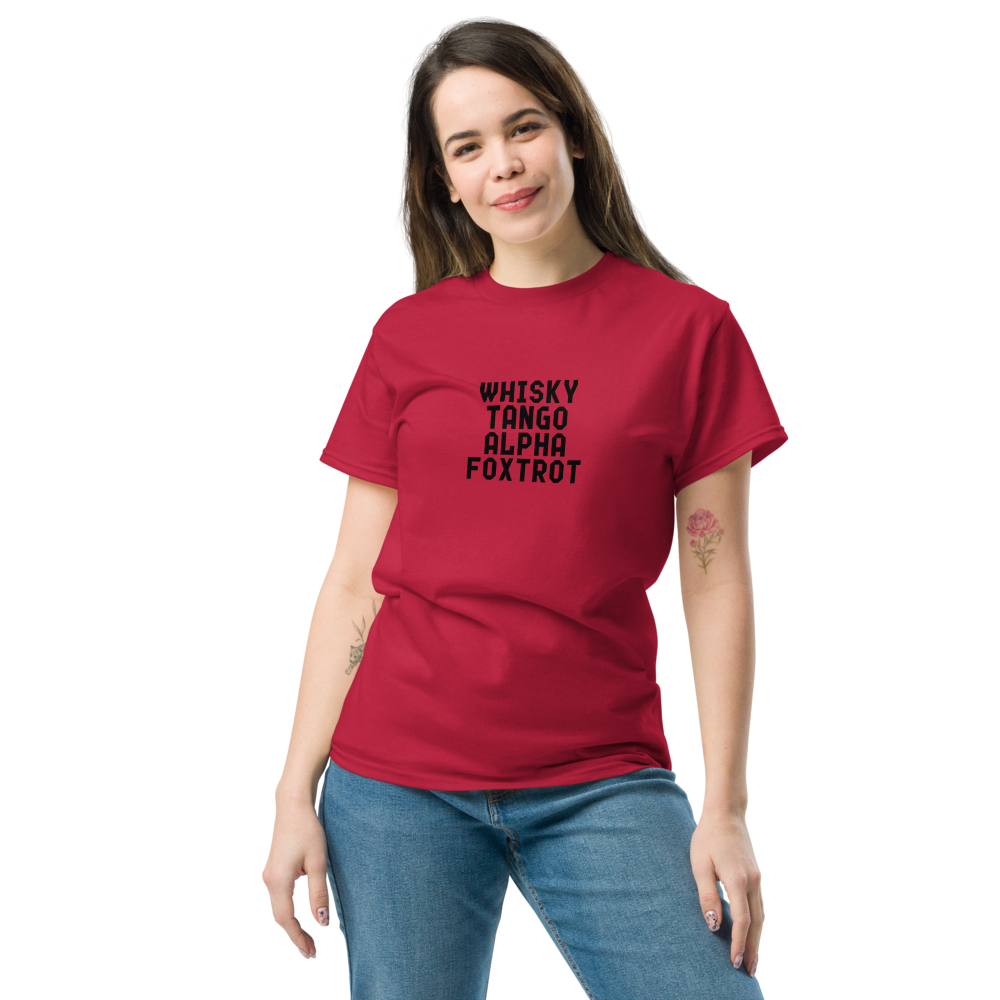 "Whisky Tango Alpha Foxtrot" printed on a cardinal unisex classic tee worn by a female