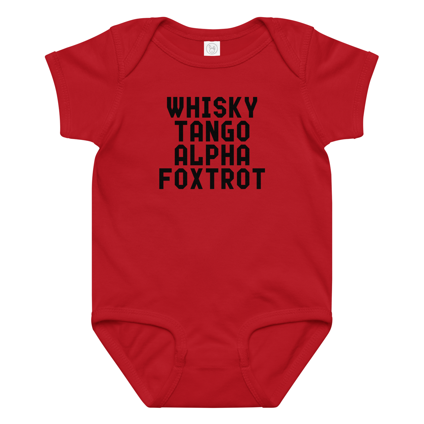 "Whisky Tango Alpha Foxtrot" printed on a red baby jersey bodysuit laying on a flat surface amongst other clothes