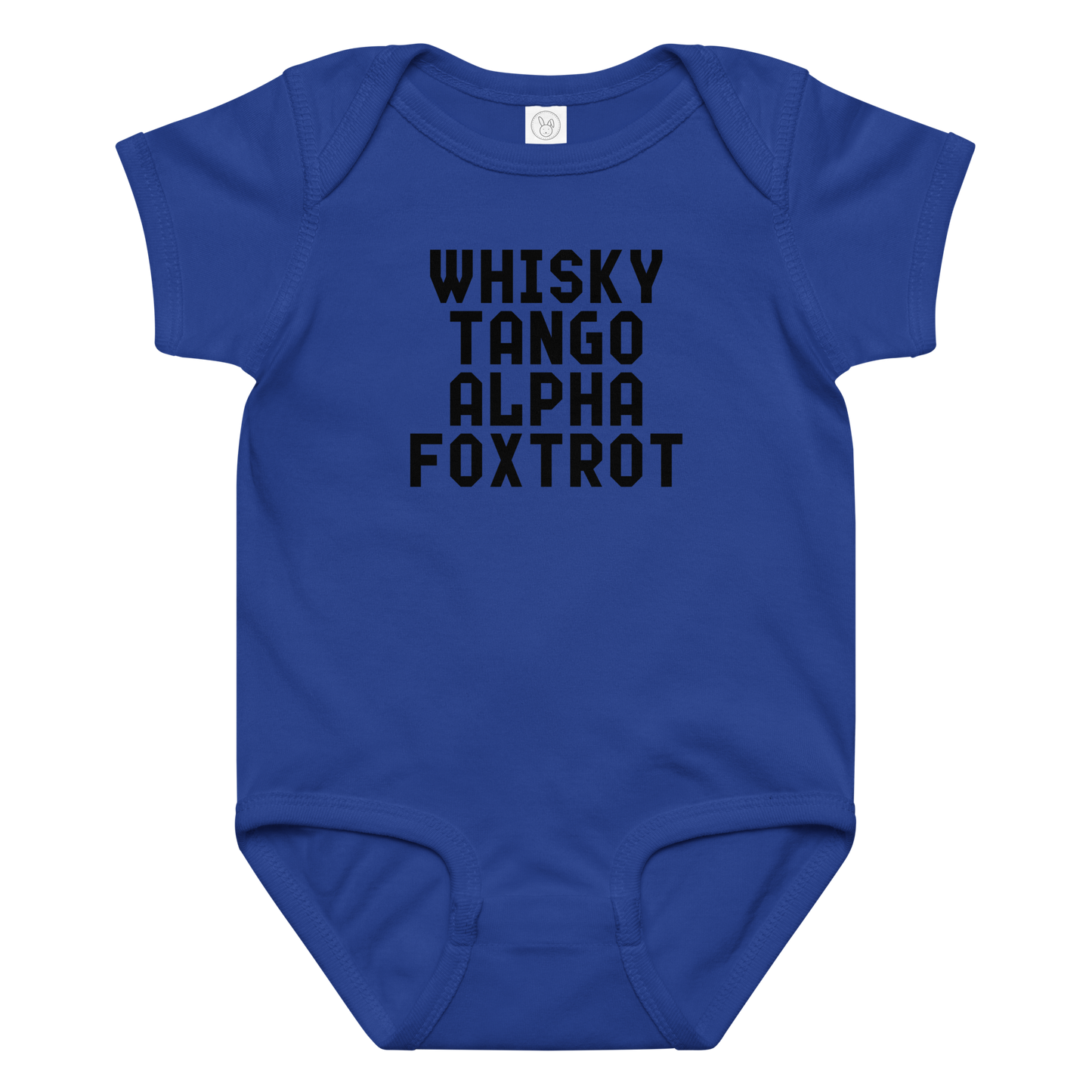 "Whisky Tango Alpha Foxtrot" printed on a royal baby jersey bodysuit laying on a flat surface amongst other clothes