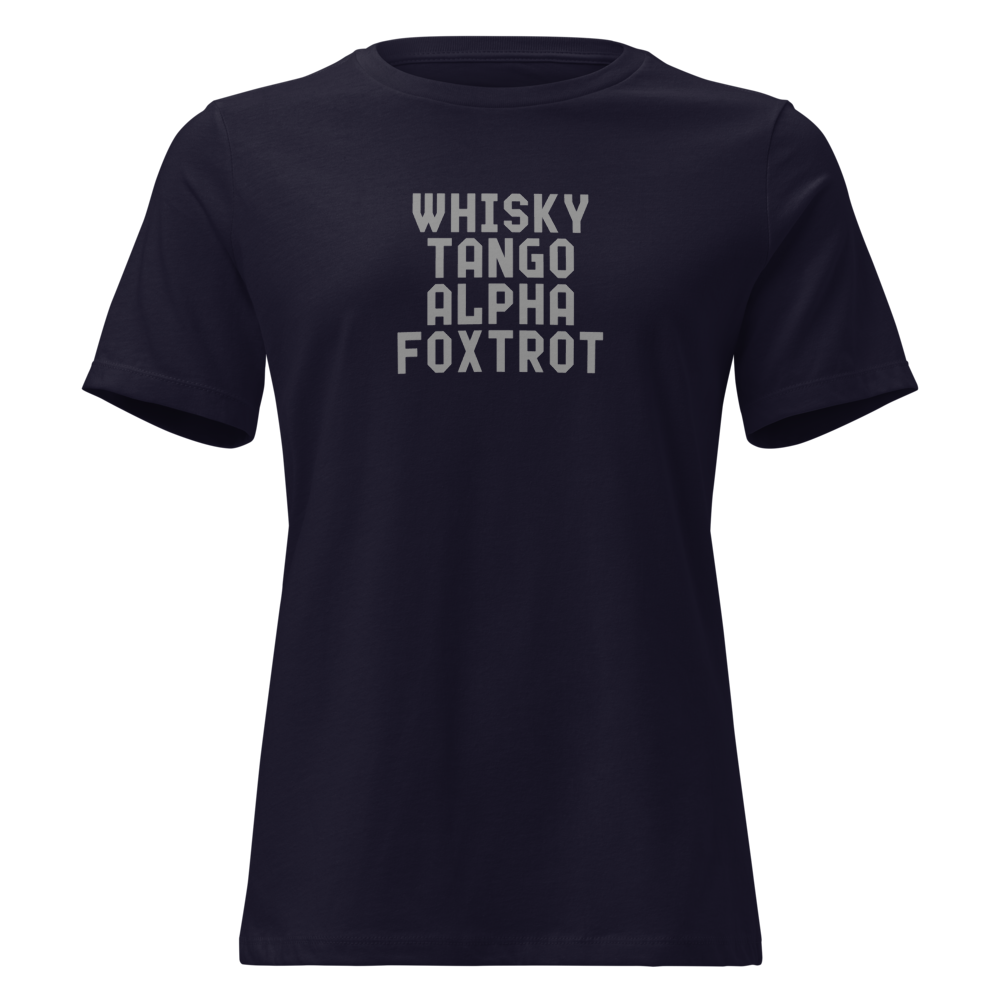 "Whisky Tango Alpha Foxtrot" printed on a navy on an invisible / simulated body
