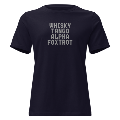 "Whisky Tango Alpha Foxtrot" printed on a navy on an invisible / simulated body
