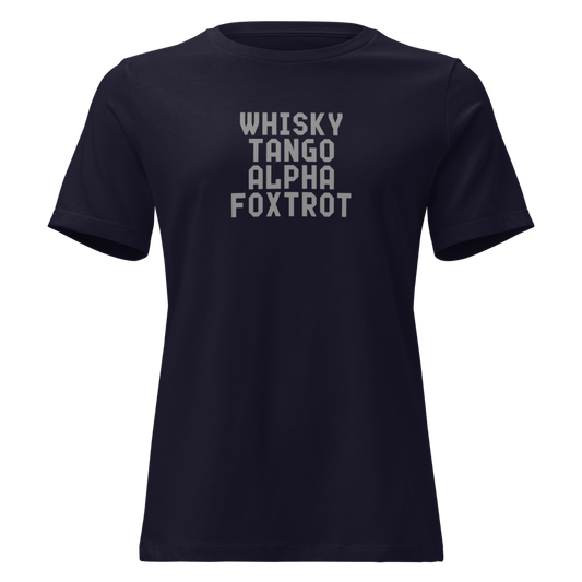 "Whisky Tango Alpha Foxtrot" printed on a navy on an invisible / simulated body
