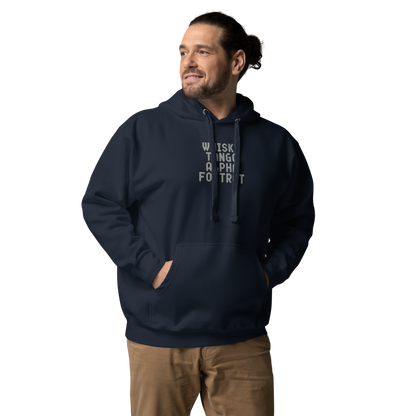 "Whisky Tango Alpha Foxtrot" printed on a navy blazer unisex hoodie worn by a male