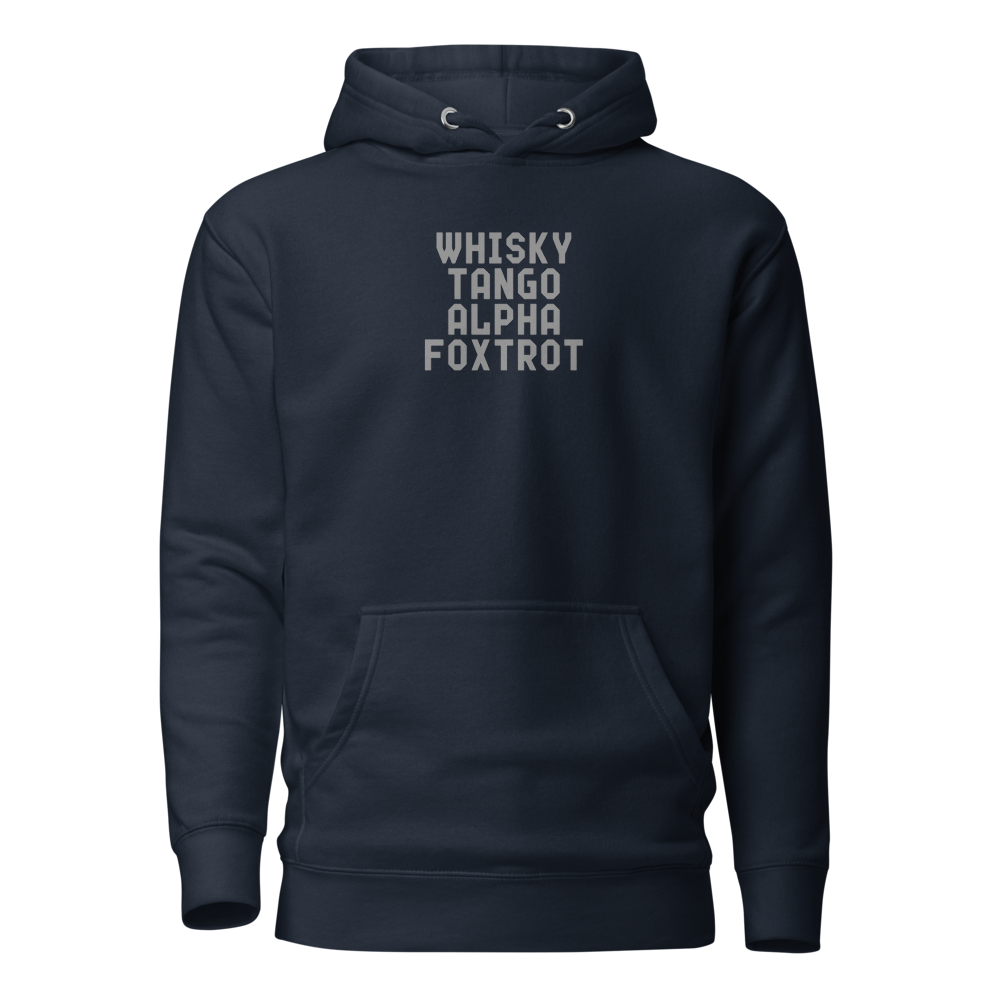 "Whisky Tango Alpha Foxtrot" printed on a navy blazer on an invisible / simulated body