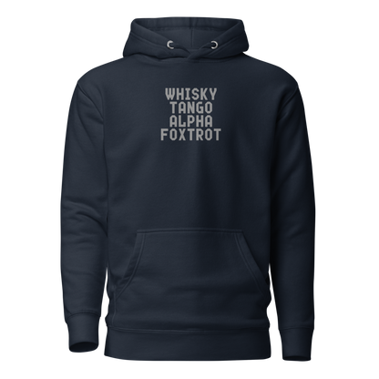 "Whisky Tango Alpha Foxtrot" printed on a navy blazer on an invisible / simulated body