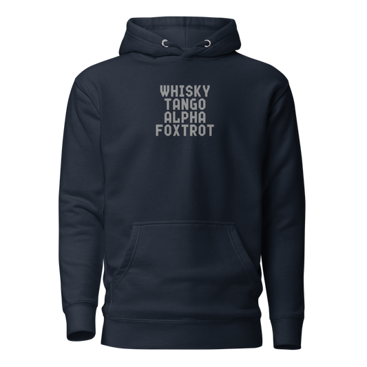 "Whisky Tango Alpha Foxtrot" printed on a navy blazer on an invisible / simulated body