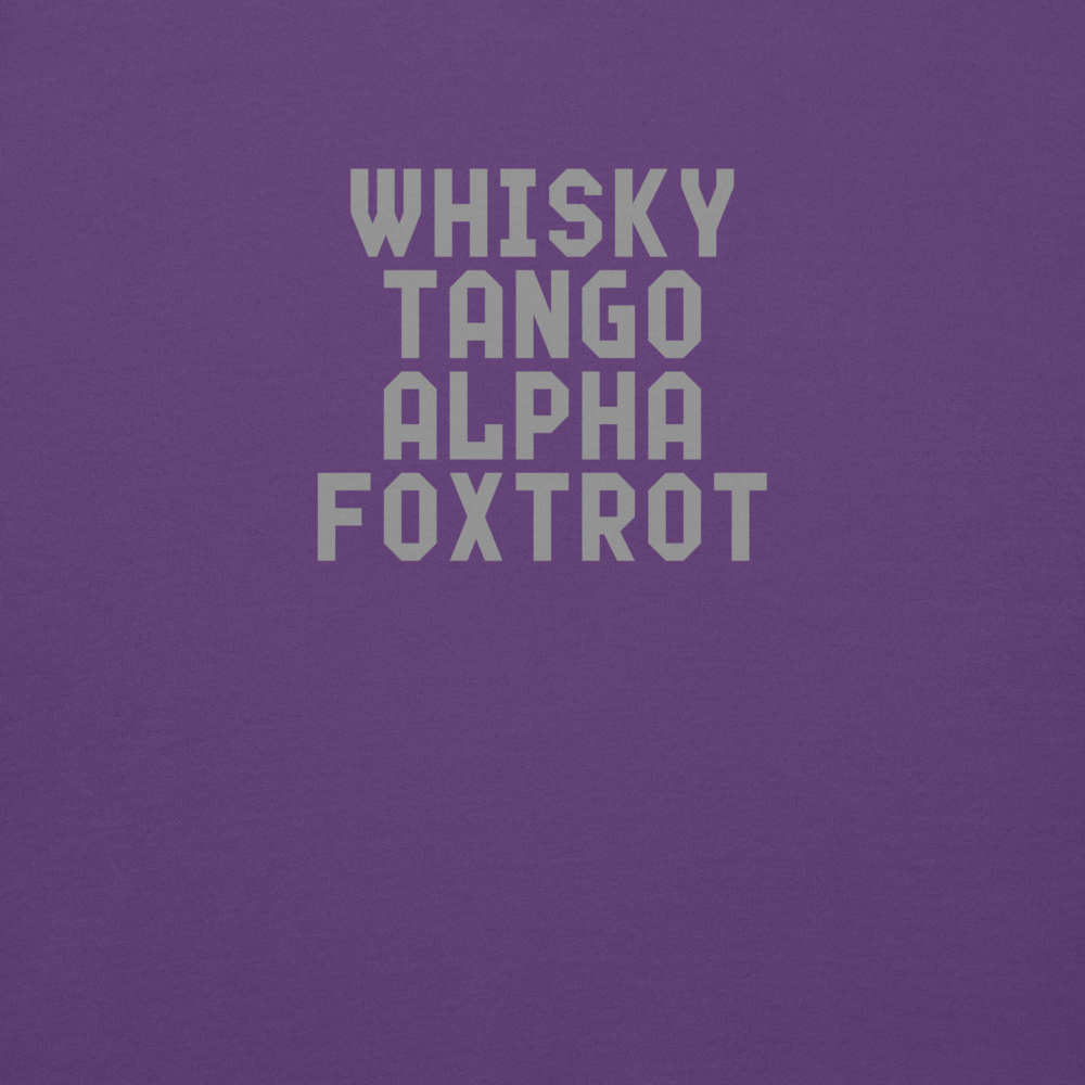 "Whisky Tango Alpha Foxtrot" printed on a purple background