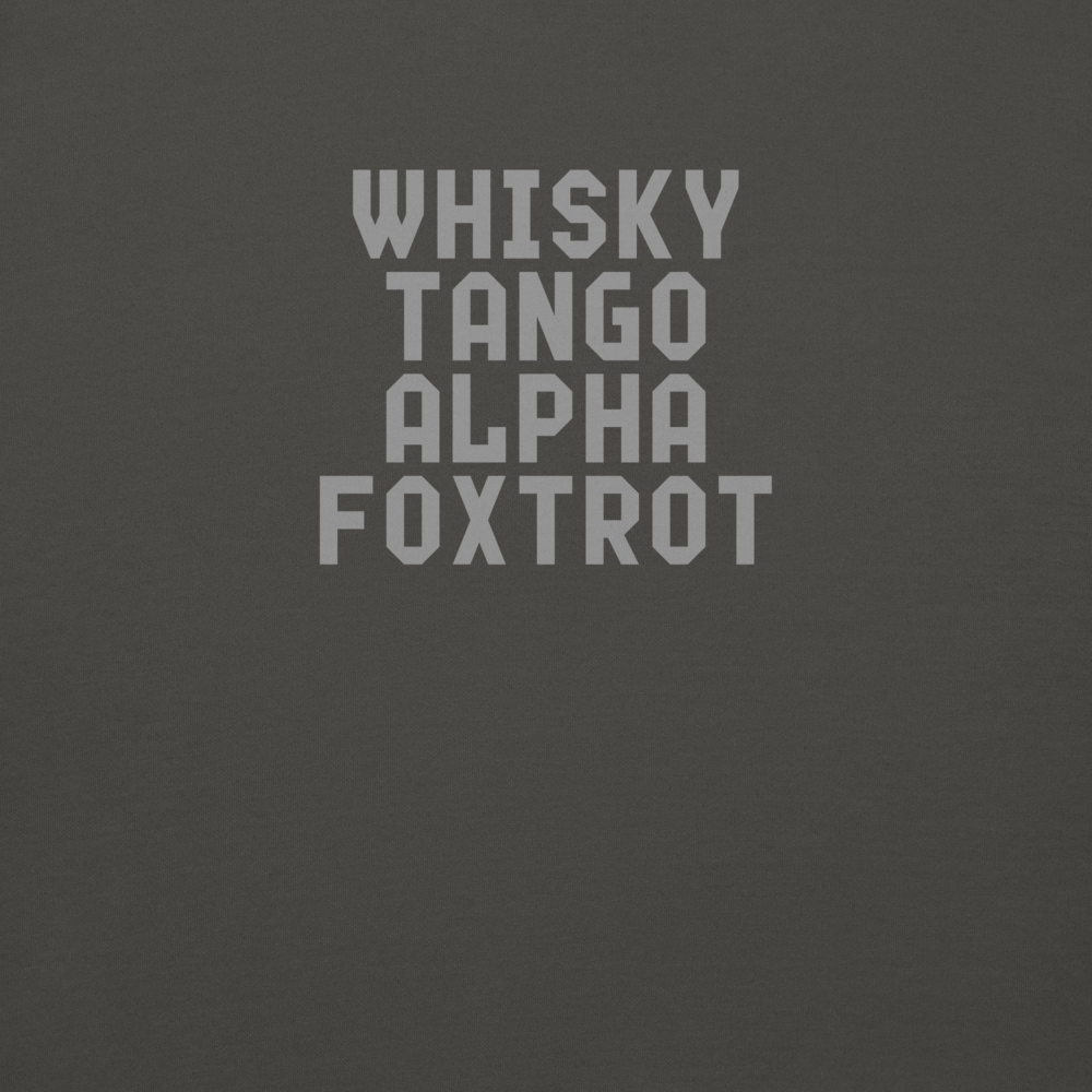 "Whisky Tango Alpha Foxtrot" printed on a vintage black background