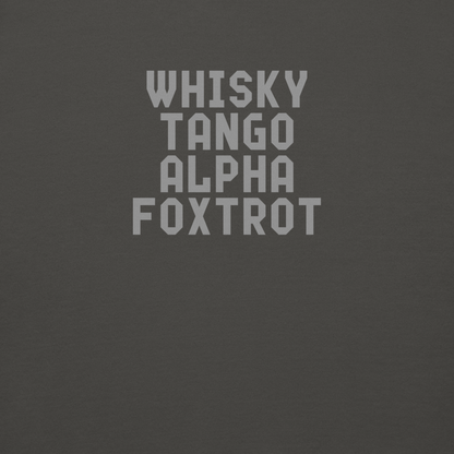 "Whisky Tango Alpha Foxtrot" printed on a vintage black background