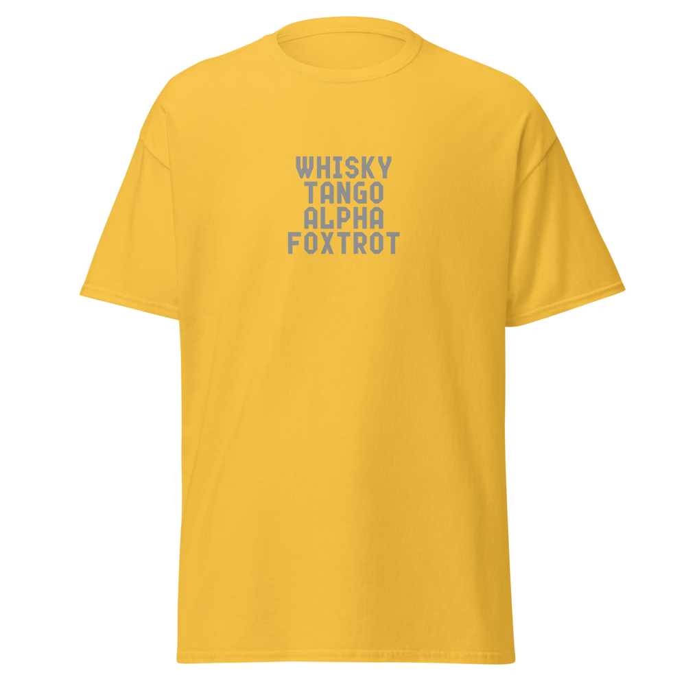 "Whisky Tango Alpha Foxtrot" printed on a daisy on an invisible body