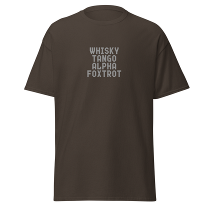 "Whisky Tango Alpha Foxtrot" printed on a dark chocolate on an invisible body