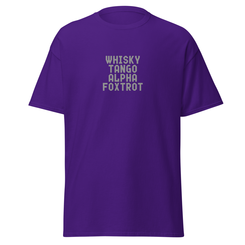 "Whisky Tango Alpha Foxtrot" printed on a purple on an invisible body