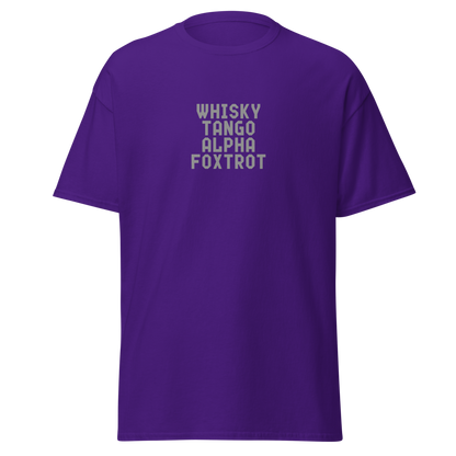 "Whisky Tango Alpha Foxtrot" printed on a purple on an invisible body