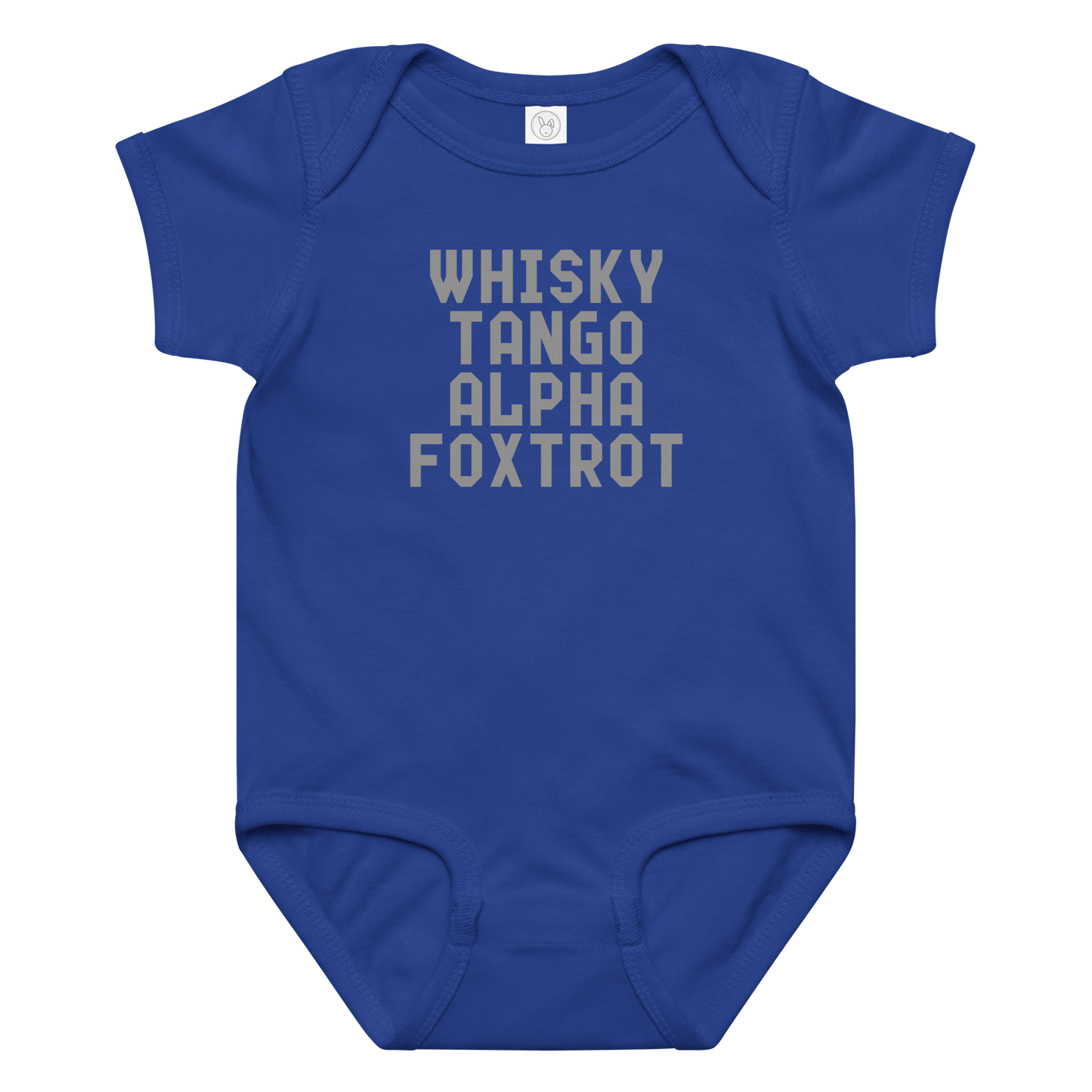 "Whisky Tango Alpha Foxtrot" printed on a royal baby jersey bodysuit laying on a flat surface amongst other clothes