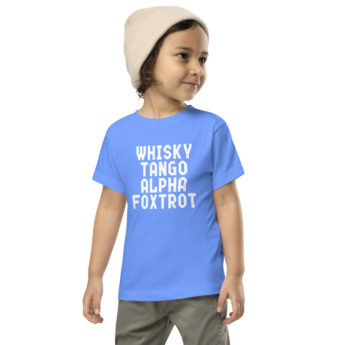 "Whisky Tango Alpha Foxtrot" printed on a heather columbia blue toddler short sleeve tee worn by a male wearing a cap