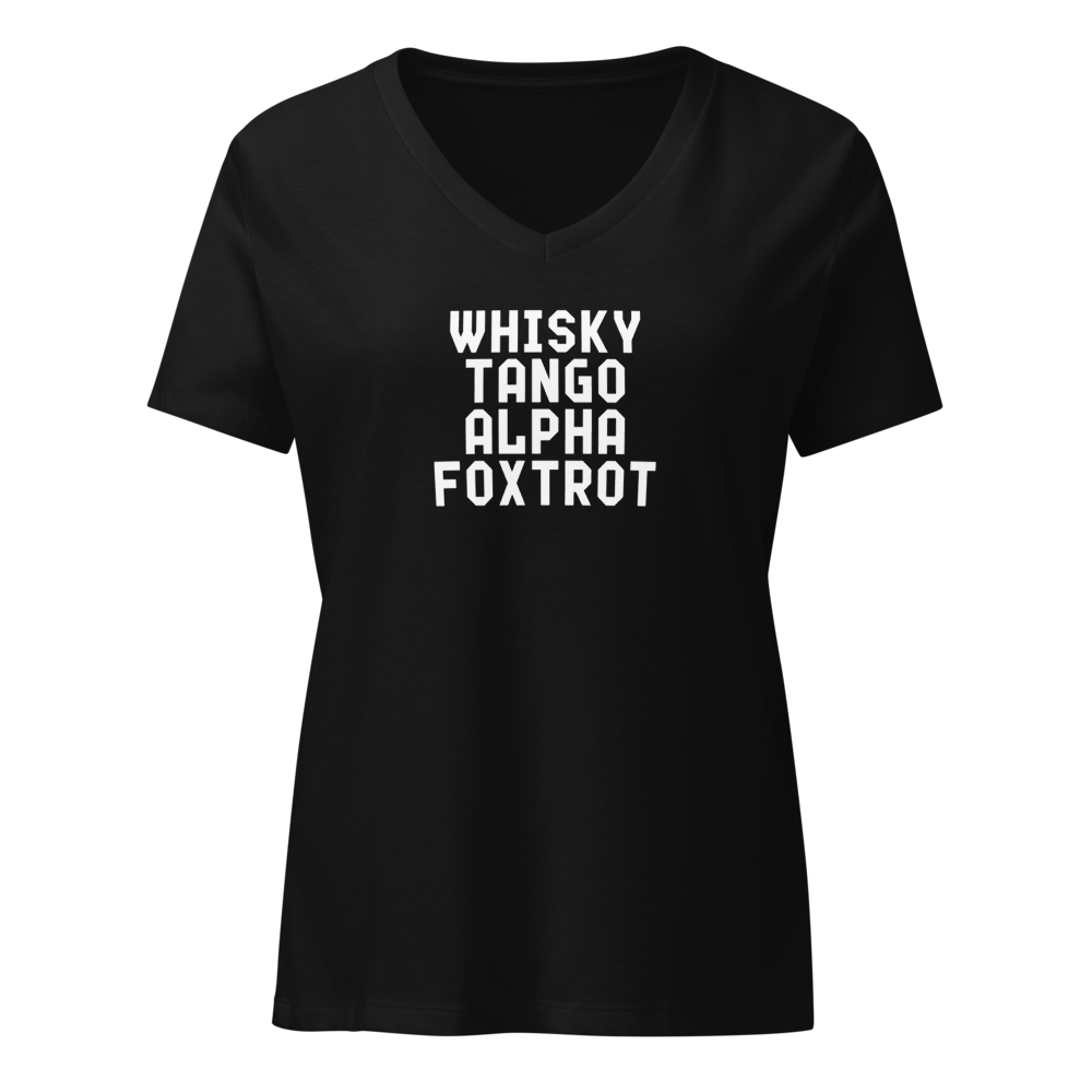 "Whisky Tango Alpha Foxtrot" printed on a solid black blend on an invisible / simulated body