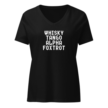 "Whisky Tango Alpha Foxtrot" printed on a solid black blend on an invisible / simulated body