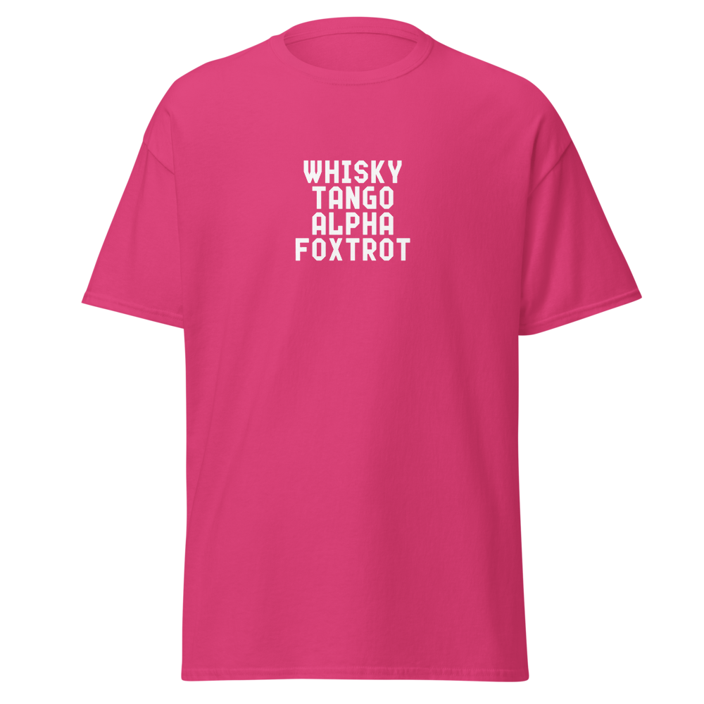 "Whisky Tango Alpha Foxtrot" printed on a heliconia on an invisible body