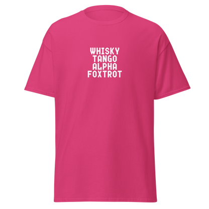 "Whisky Tango Alpha Foxtrot" printed on a heliconia on an invisible body