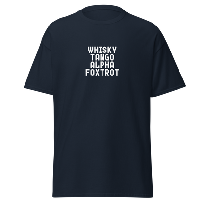 "Whisky Tango Alpha Foxtrot" printed on a navy on an invisible body