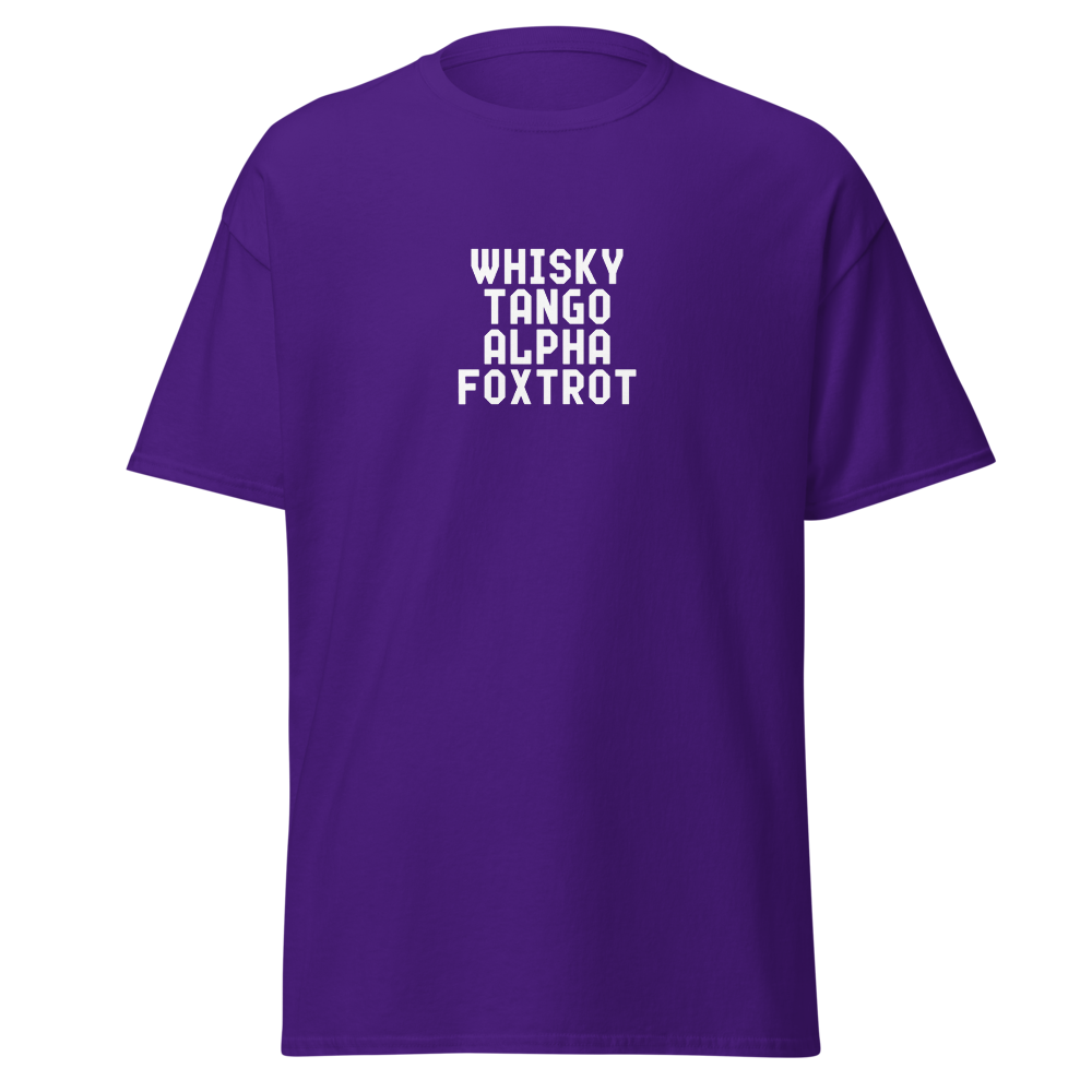"Whisky Tango Alpha Foxtrot" printed on a purple on an invisible body