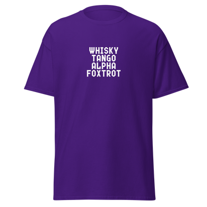 "Whisky Tango Alpha Foxtrot" printed on a purple on an invisible body