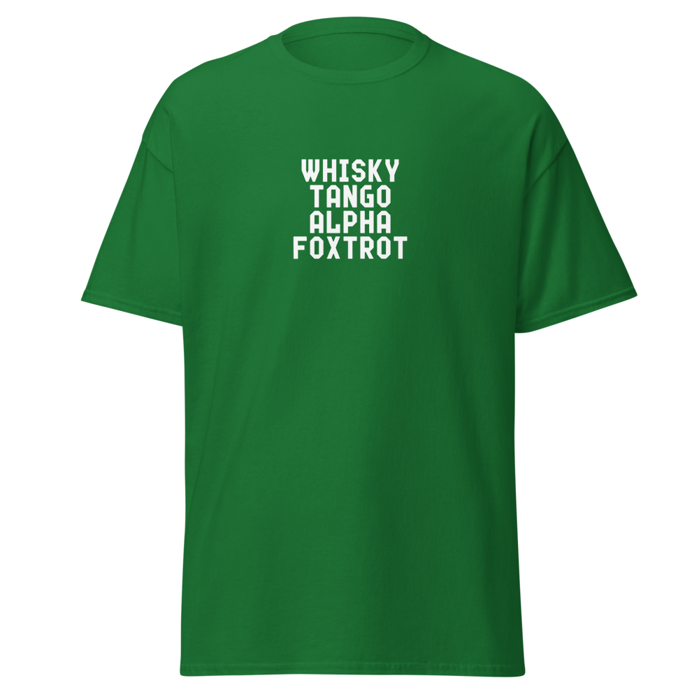 "Whisky Tango Alpha Foxtrot" printed on a turf green on an invisible body