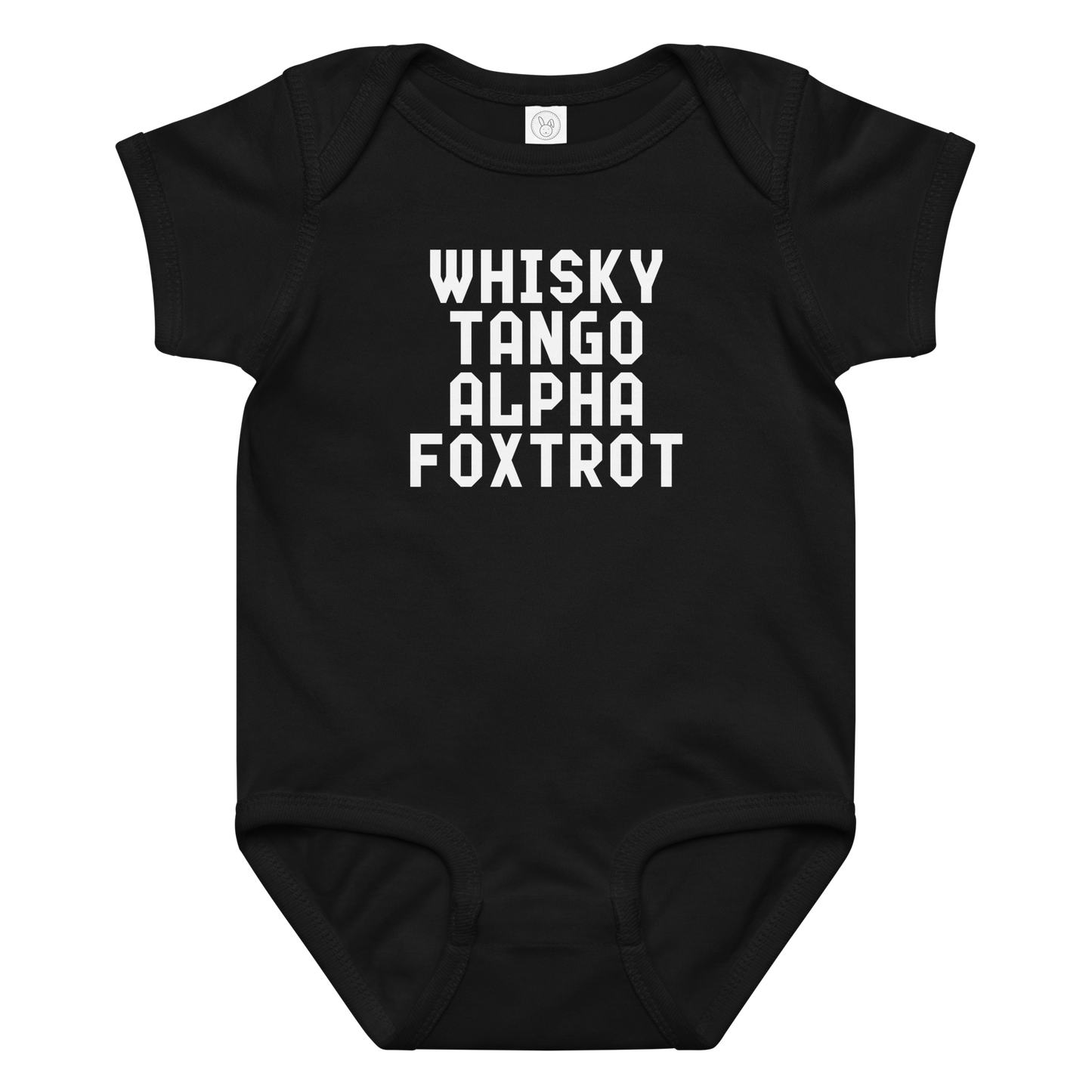 "Whisky Tango Alpha Foxtrot" printed on a black baby jersey bodysuit laying on a flat surface amongst other clothes