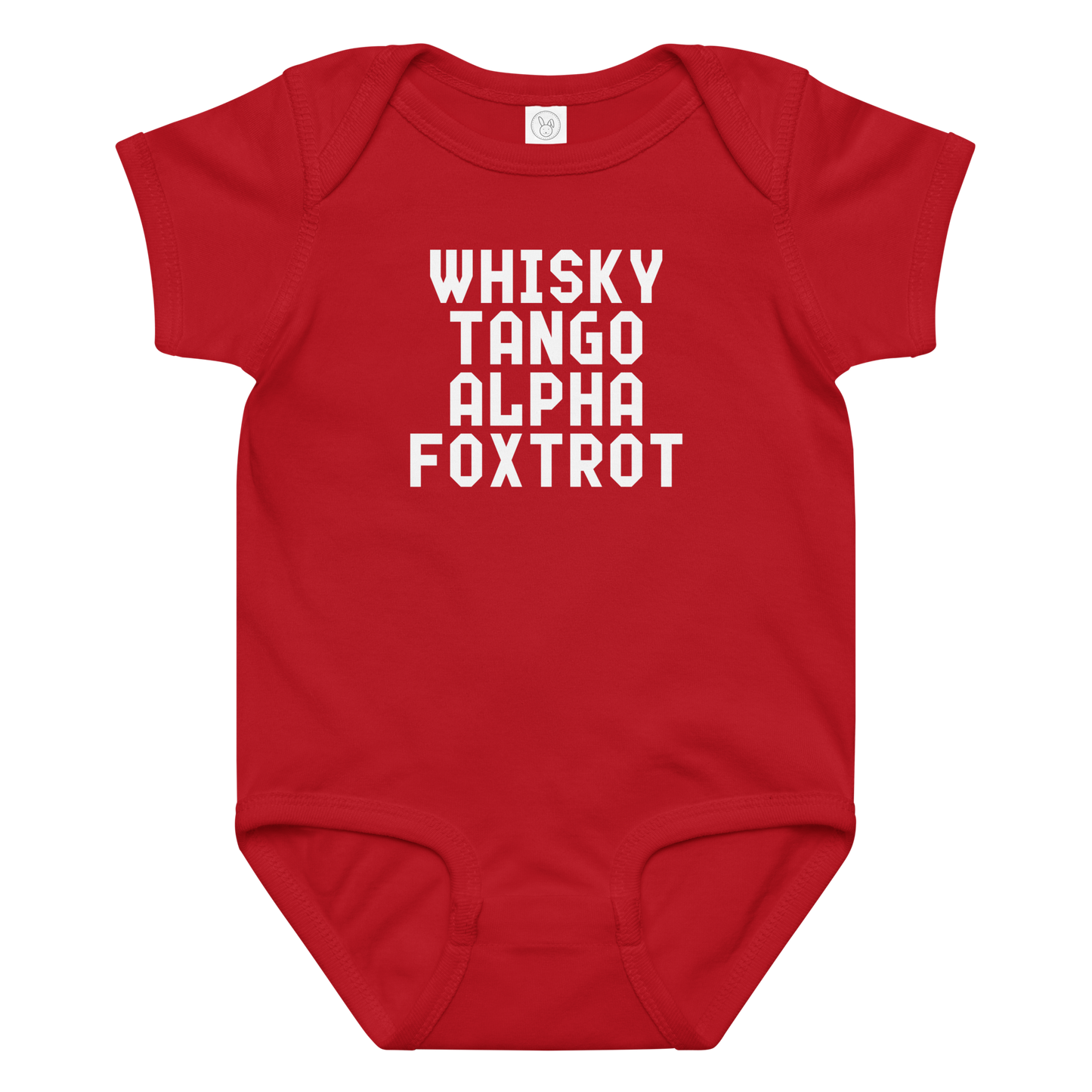 "Whisky Tango Alpha Foxtrot" printed on a red baby jersey bodysuit laying on a flat surface amongst other clothes