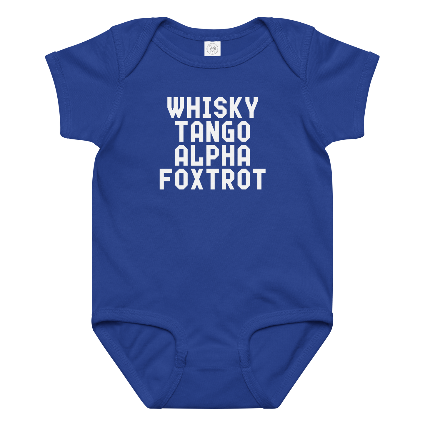 "Whisky Tango Alpha Foxtrot" printed on a royal baby jersey bodysuit laying on a flat surface amongst other clothes
