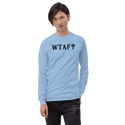 "WTAF?" printed on a light blue men's long sleeve shirt worn by a male