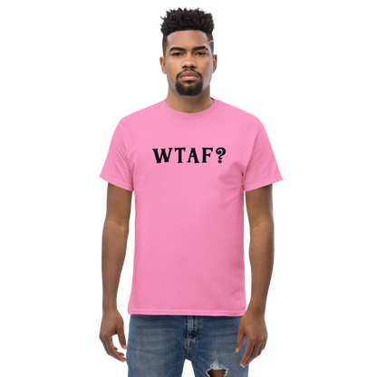 "WTAF?" printed on a azalea unisex classic tee worn by a male