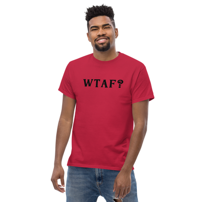 "WTAF?" printed on a cardinal unisex classic tee worn by a male