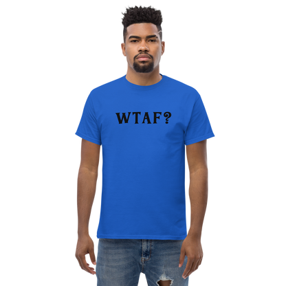 "WTAF?" printed on a royal unisex classic tee worn by a male