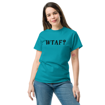 "WTAF?" printed on a tropical blue unisex classic tee worn by a female