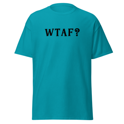 "WTAF?" printed on a tropical blue on an invisible body