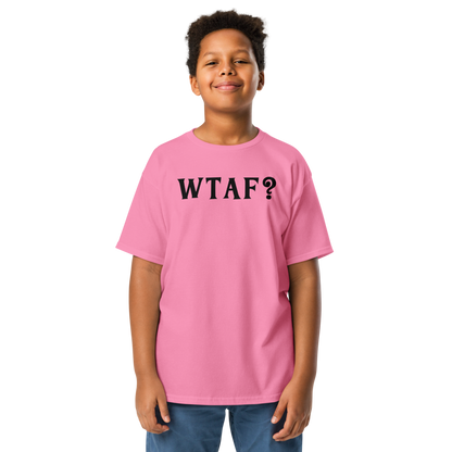 "WTAF?" printed on a azalea youth classic tee worn by a male