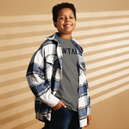 "WTAF?" printed on a charcoal youth classic tee worn by a male also wearing a jacket