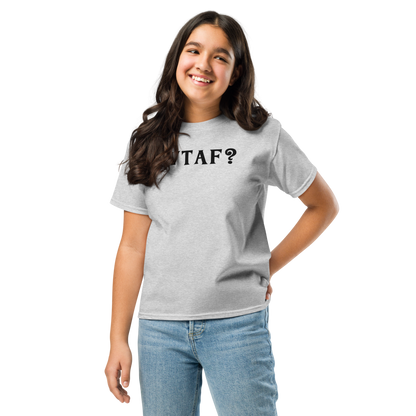 "WTAF?" printed on a sport grey youth classic tee worn by a female
