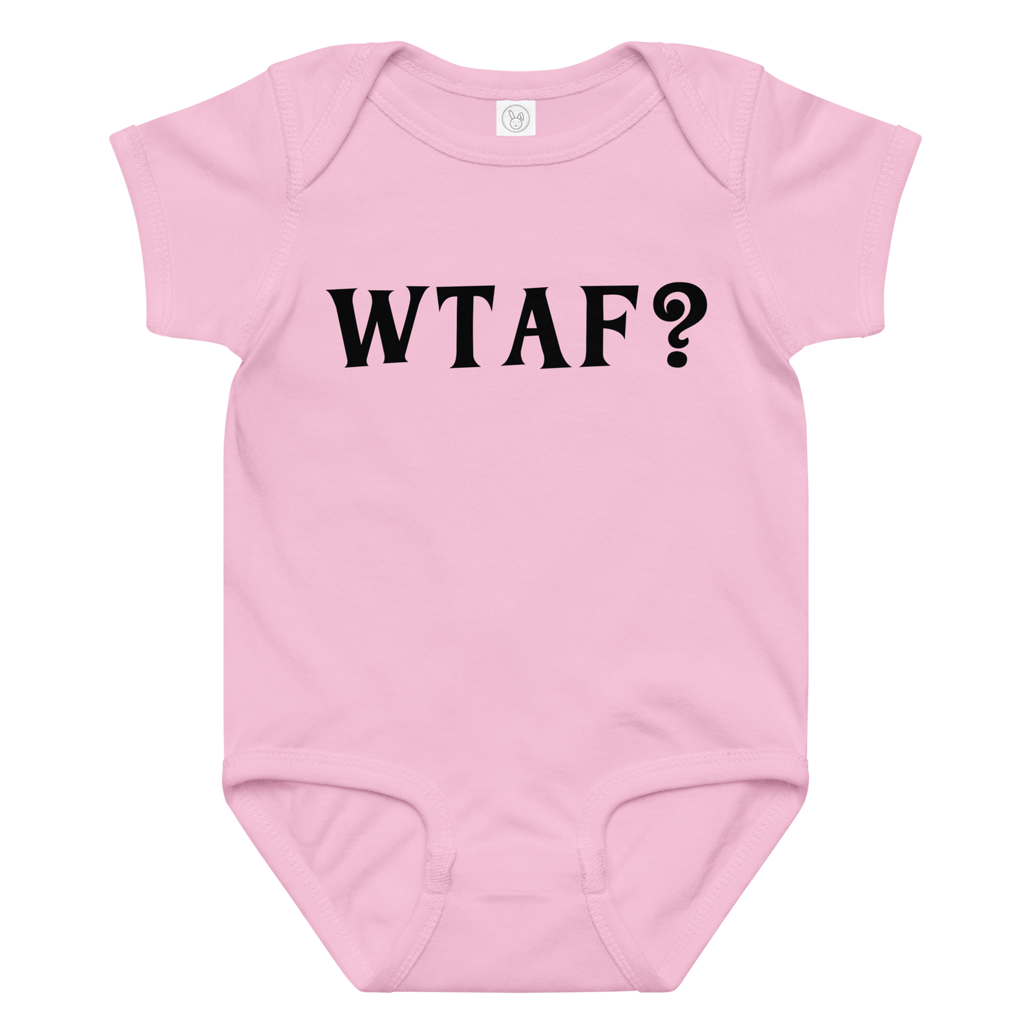 "WTAF?" printed on a pink baby jersey bodysuit laying on a flat surface amongst other clothes