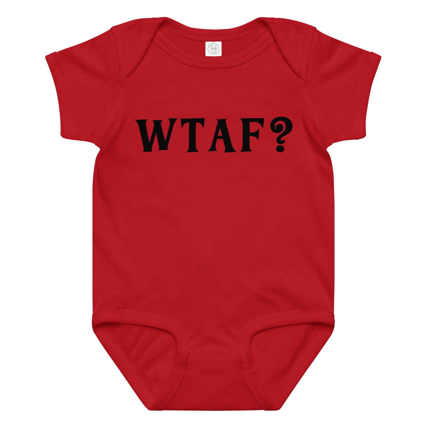 "WTAF?" printed on a red baby jersey bodysuit laying on a flat surface amongst other clothes