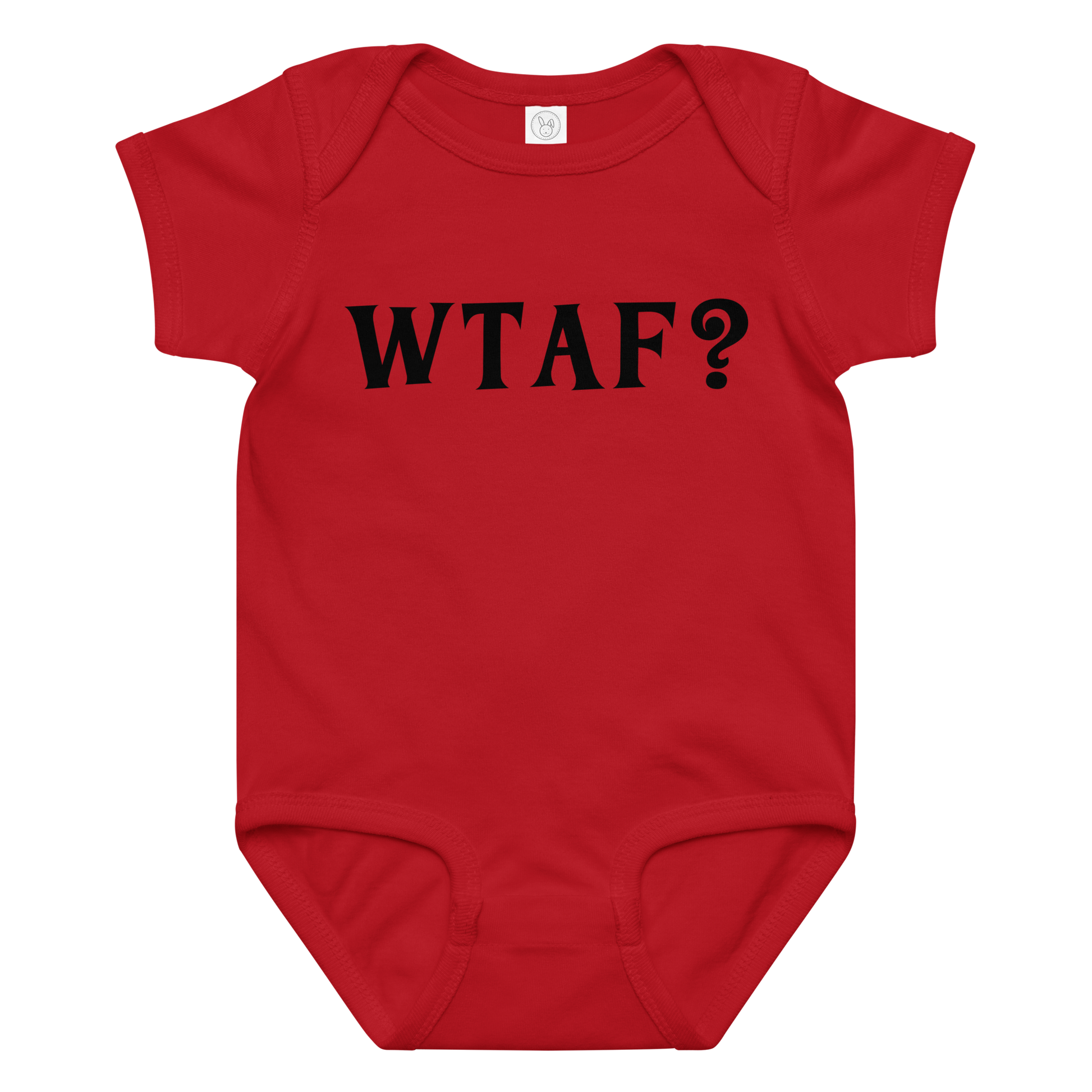 "WTAF?" printed on a red baby jersey bodysuit laying on a flat surface amongst other clothes